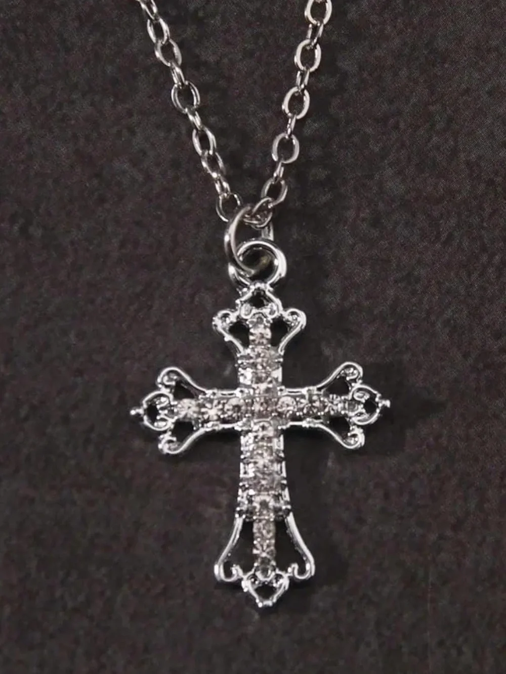 Silver Tone Cable Chain Necklace. Vintage Rhinestone Cross Pendant Necklace